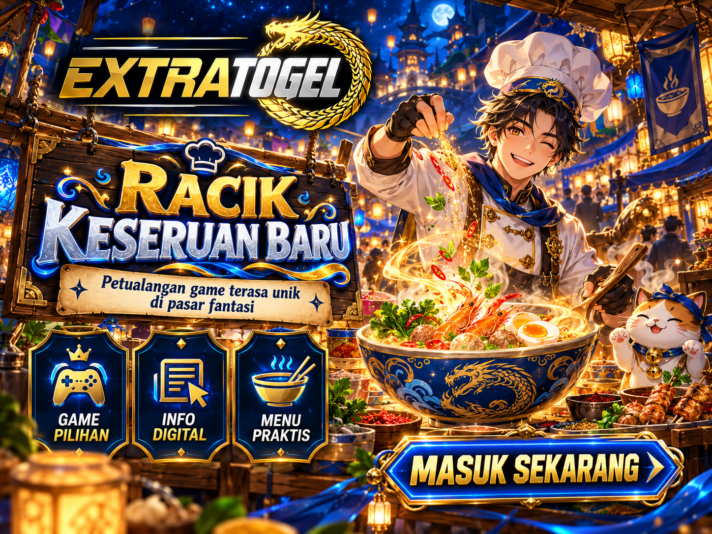 Banner EXTRATOGEL menampilkan pasar kuliner fantasi malam dengan koki, gerobak rempah, dan lentera biru emas